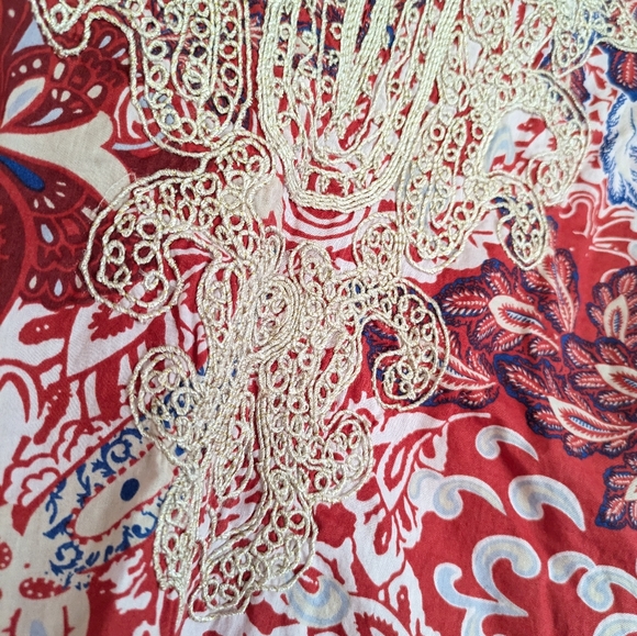 CHARTER CLUB Cotton Peasant Tunic Top Blouse Petite Sm Gold Boho Colorful Travel - Picture 8 of 8